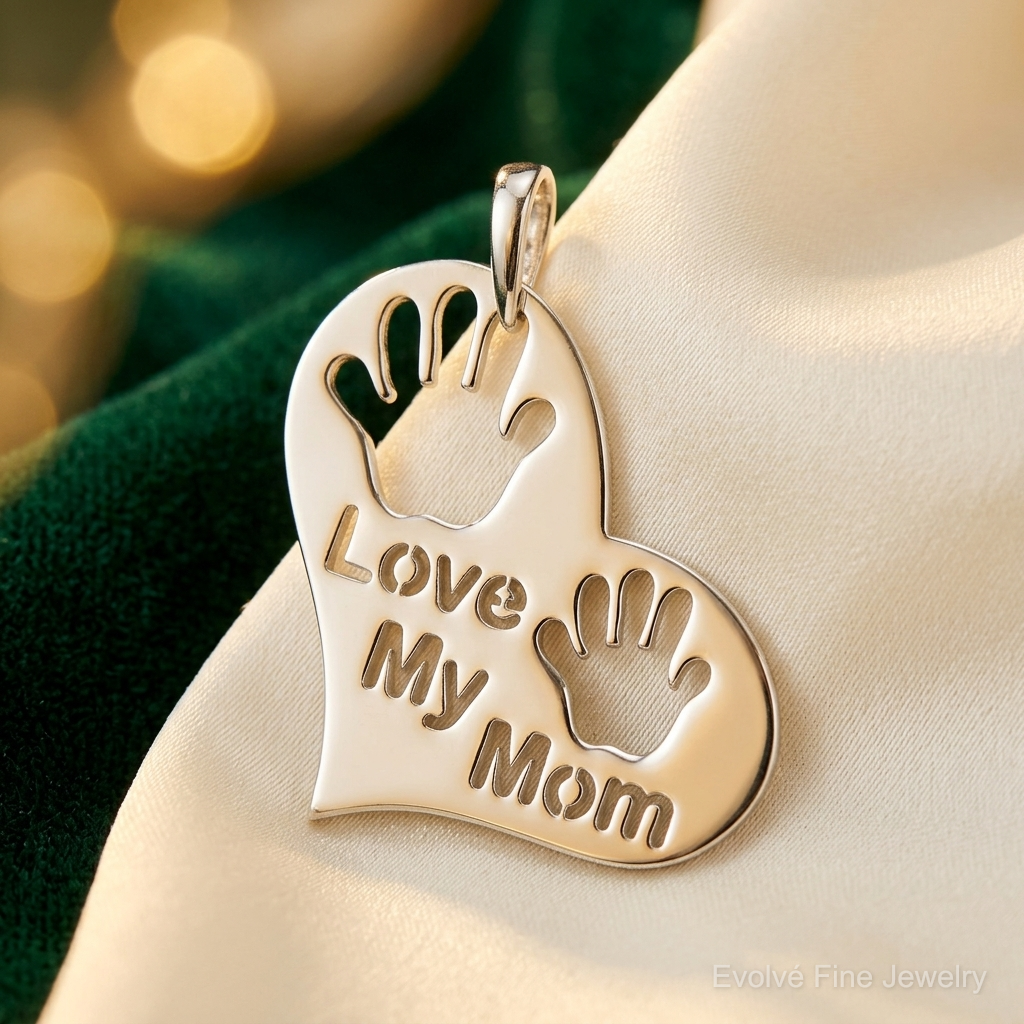 Sterling Silver Polished Love My Mom Heart Pendant - Lifestyle View