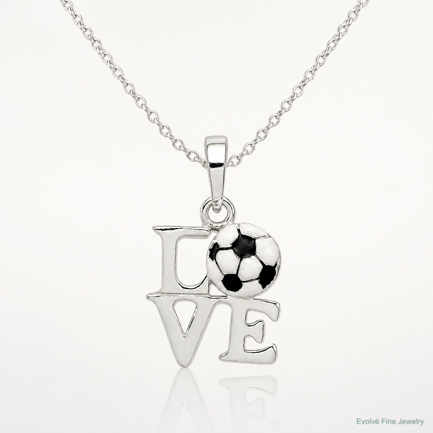 Sterling Silver Polished Enamel Love Soccer Pendant - Lifestyle View
