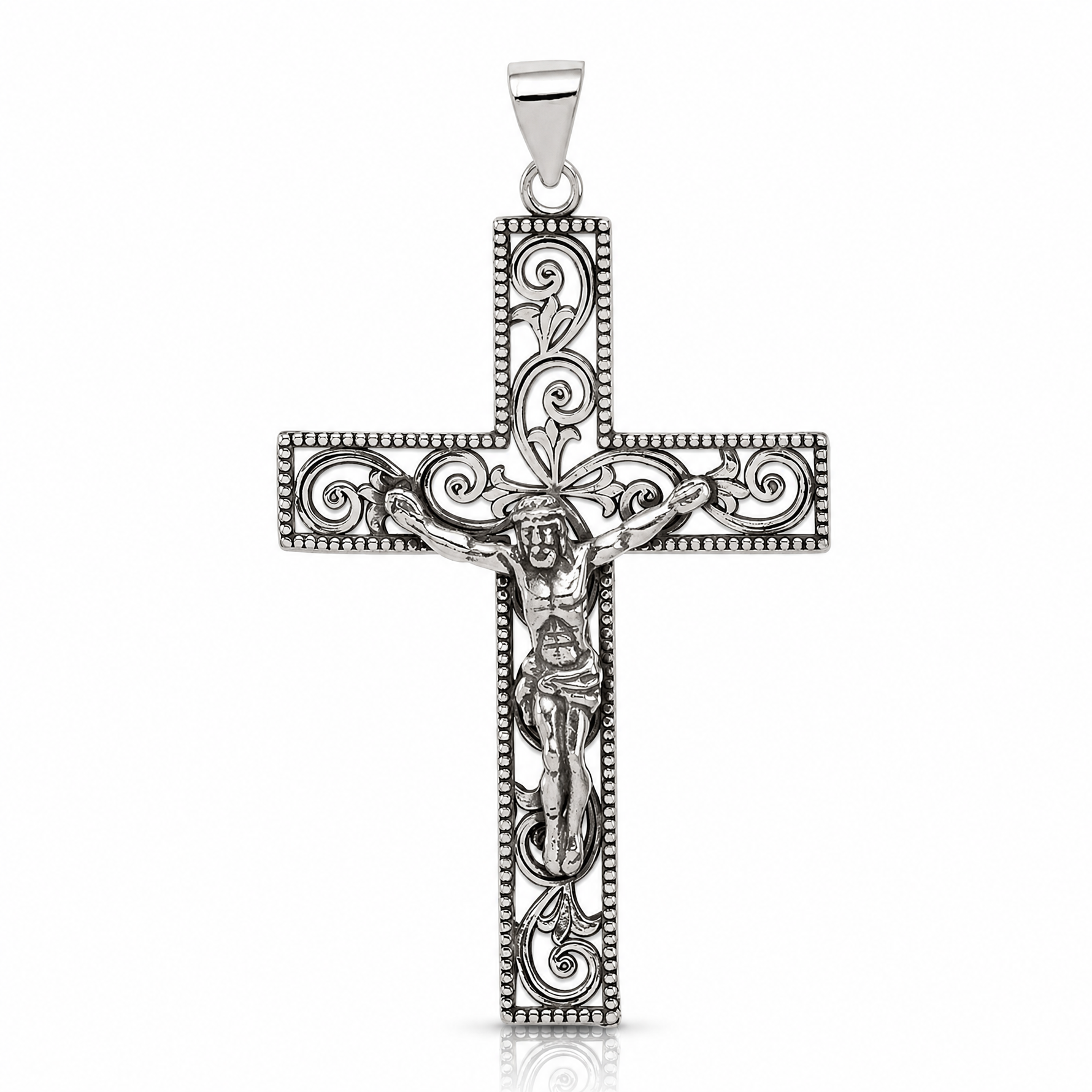 Sterling Silver Antiqued Beaded Filigree Crucifix Pendant - Lifestyle View