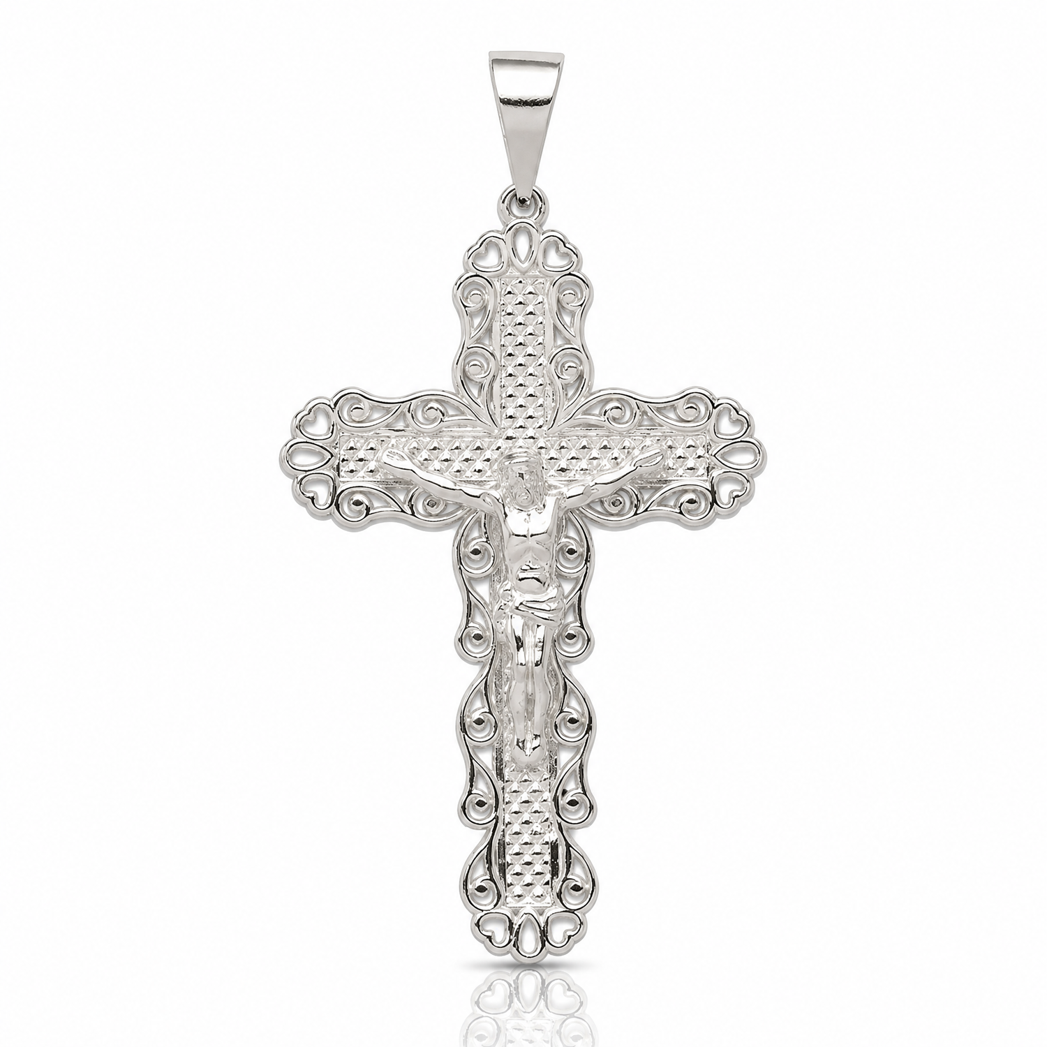 Sterling Silver Polished & Textured Large Floral Cross w/Jesus Pendant - Lifestyle View