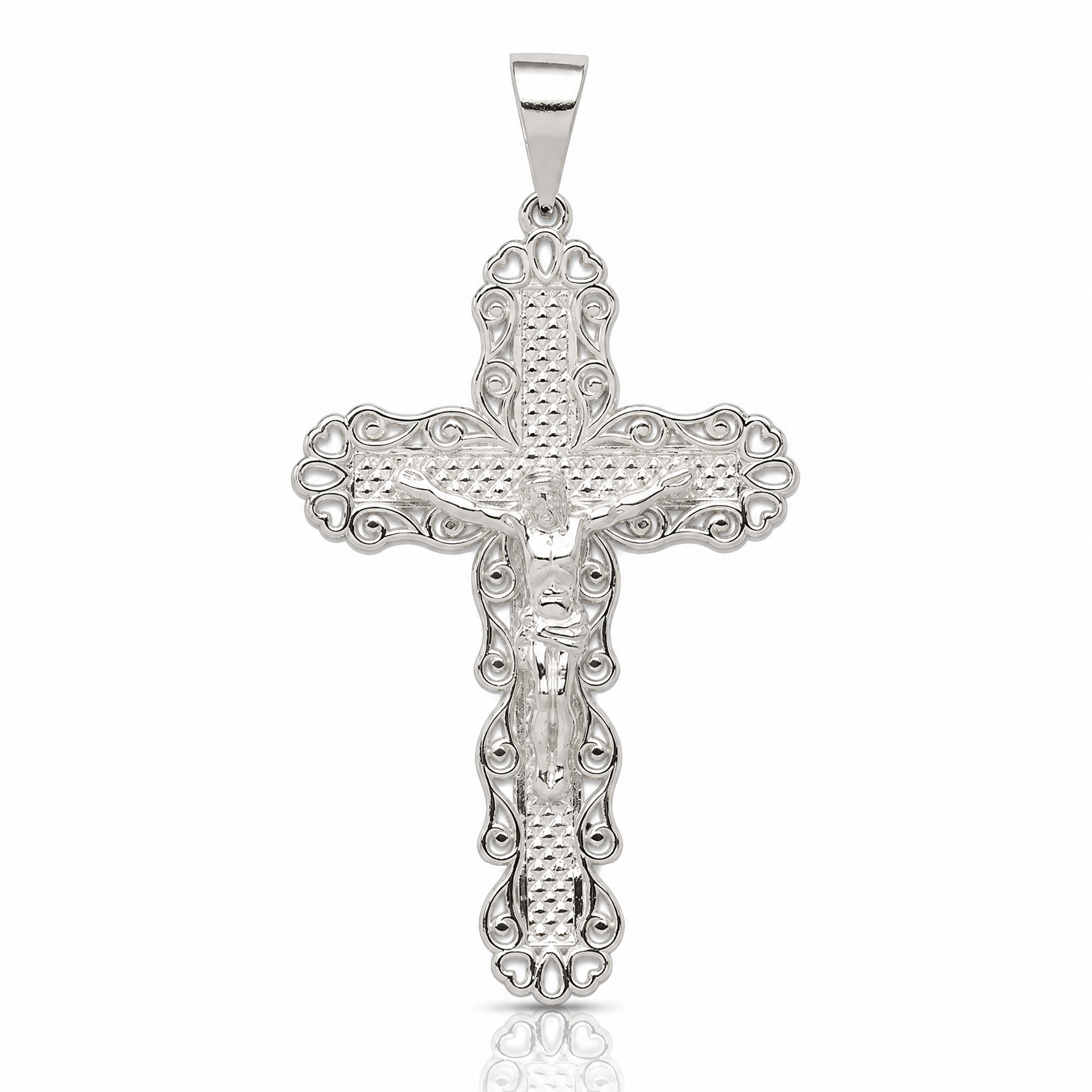 Sterling Silver Polished & Textured Large Floral Cross w/Jesus Pendant - Lifestyle View