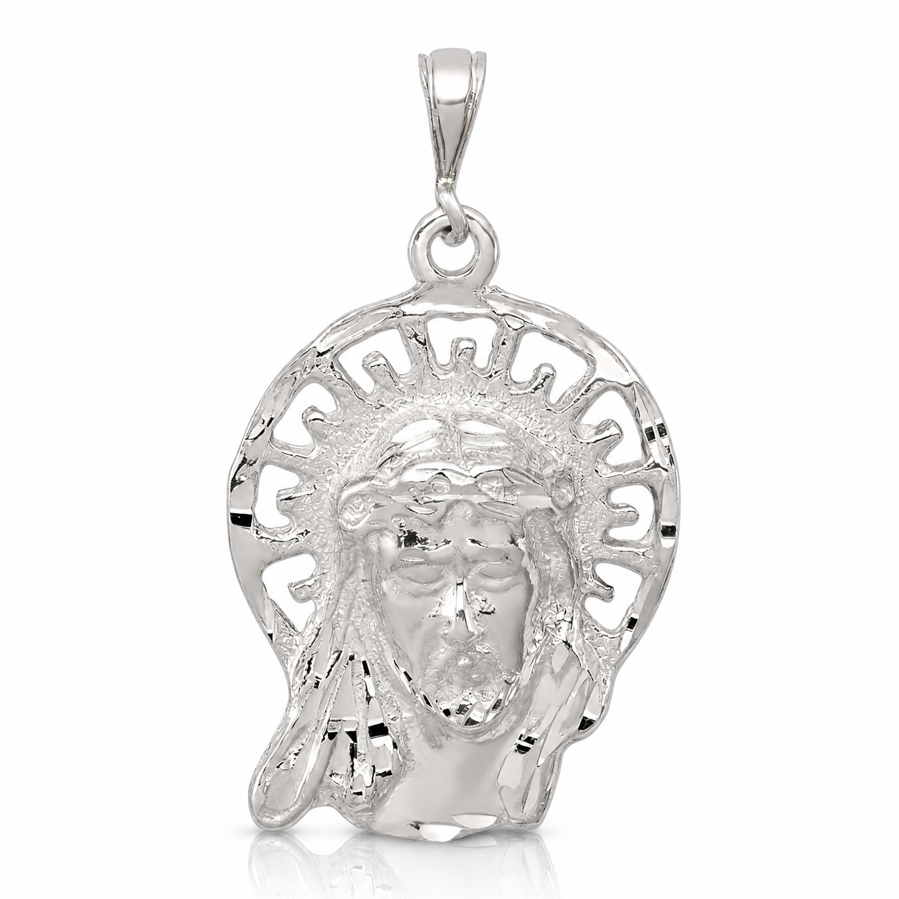 Sterling Silver Polished & Textured Jesus Head Pendant - Lifestyle View
