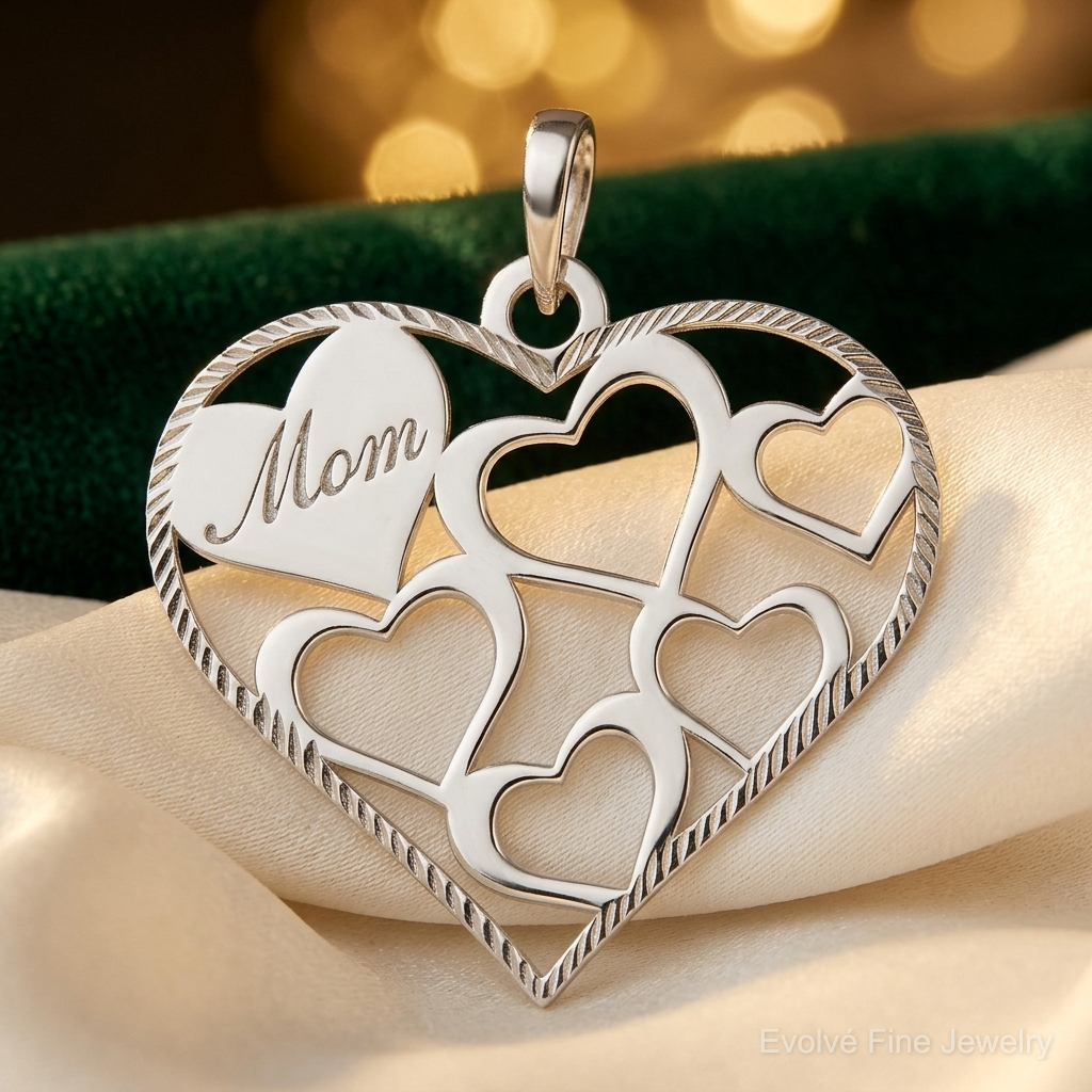 Sterling Silver Polished & Textured 'Mom' Engraved Heart Pendant - Lifestyle View