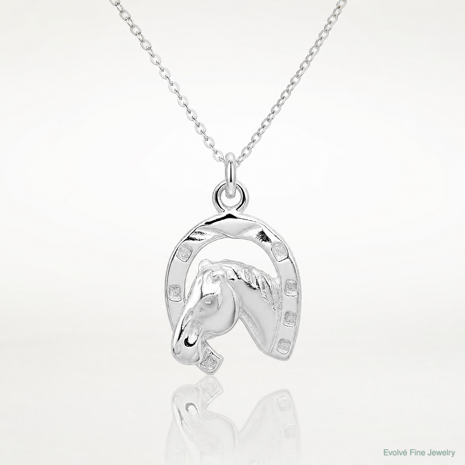 Sterling Silver Polished Horseshoe with Horse Head Pendant - Lifestyle View