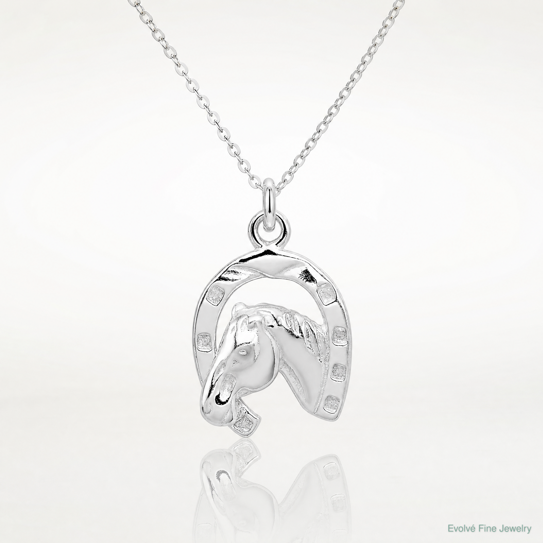 Sterling Silver Polished Horseshoe with Horse Head Pendant - Lifestyle View
