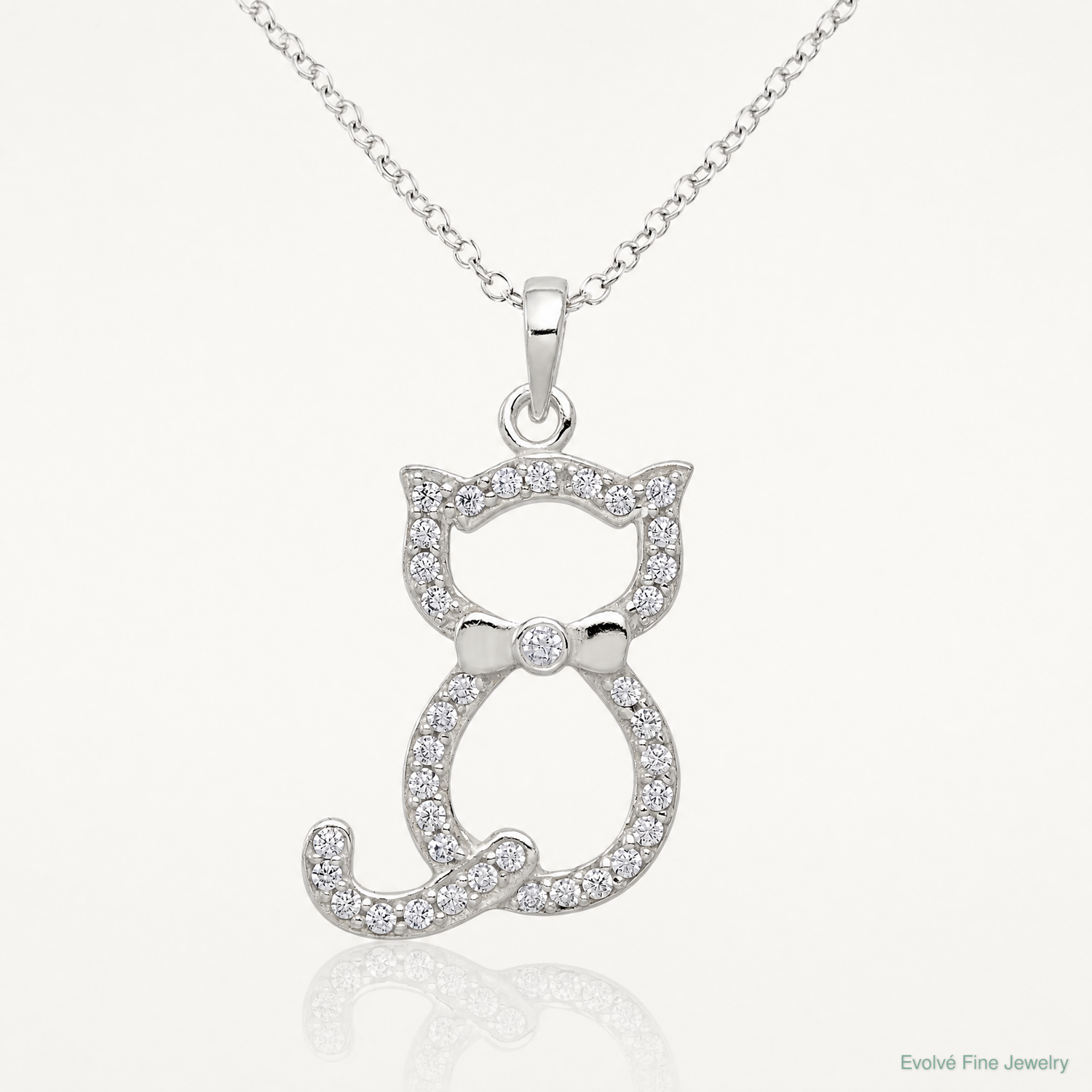 Sterling Silver Polished CZ Cat Pendant - Lifestyle View