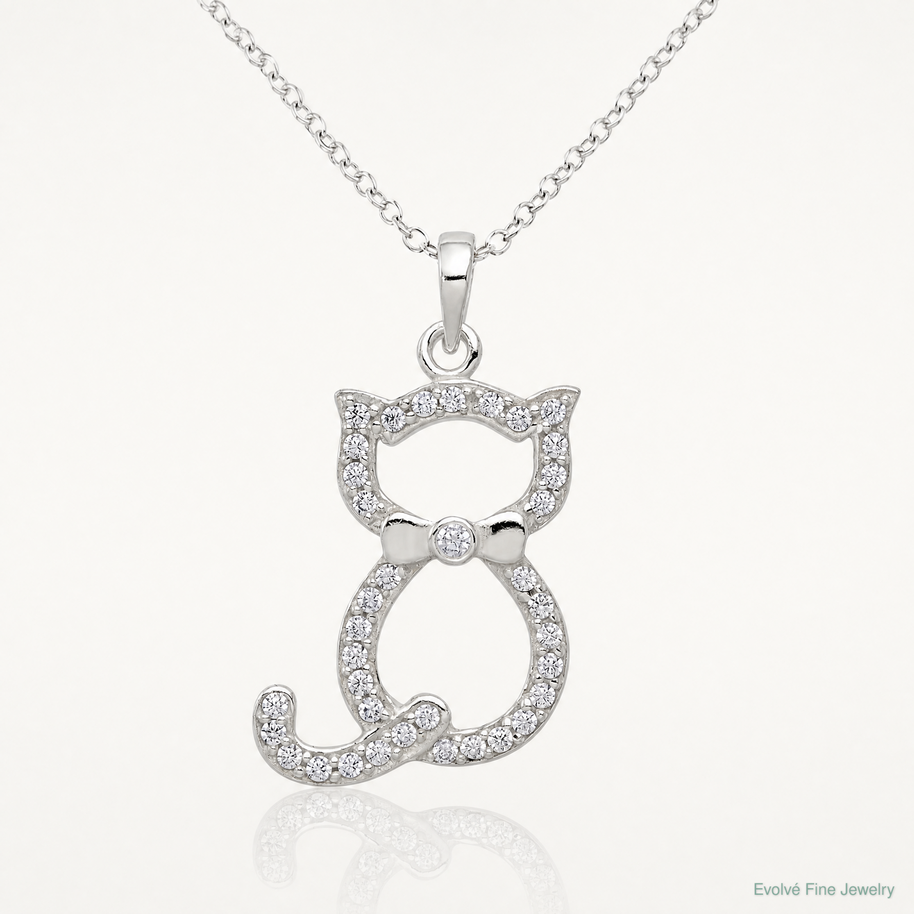 Sterling Silver Polished CZ Cat Pendant - Lifestyle View