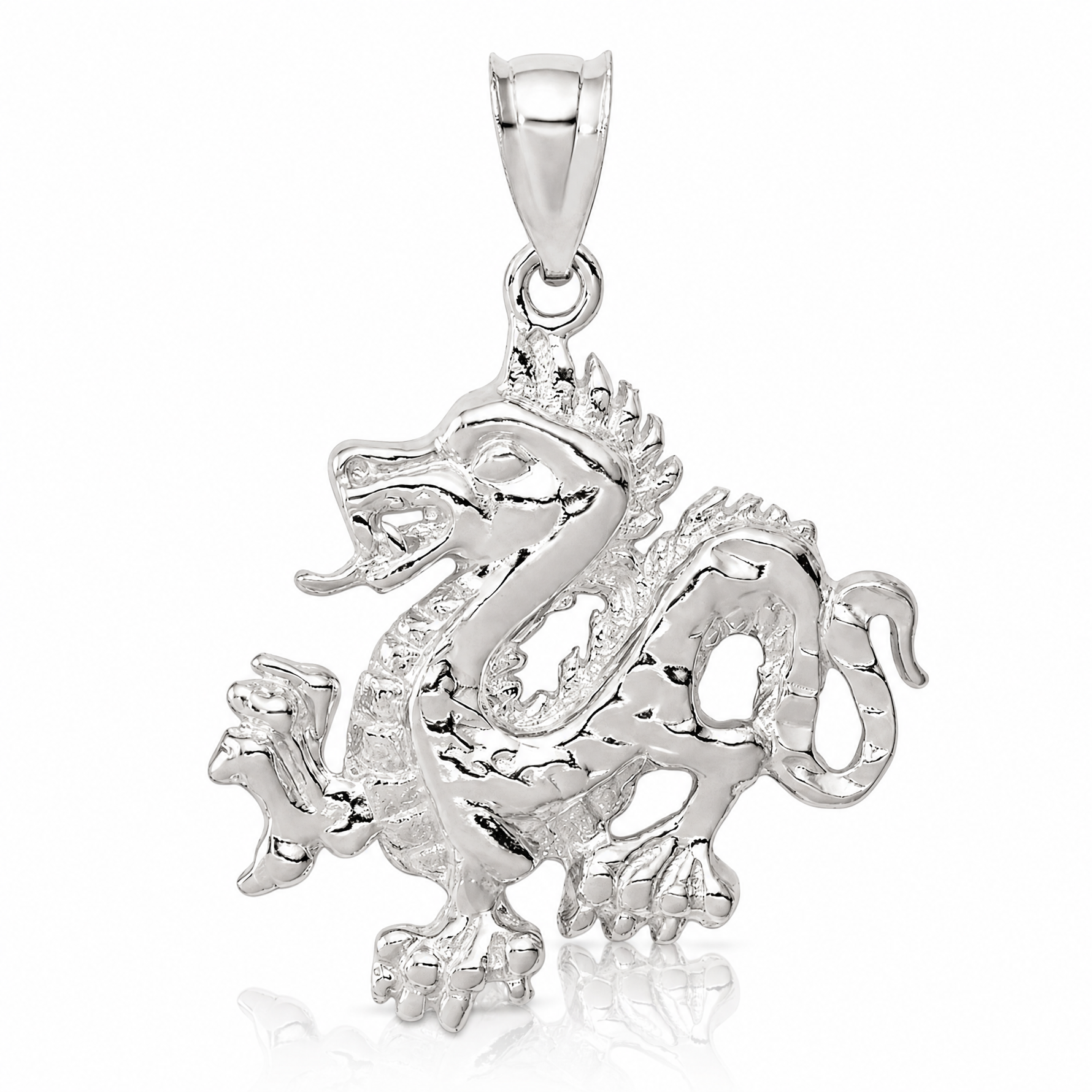 Sterling Silver Polished & Textured Chinese Dragon Pendant - Lifestyle View