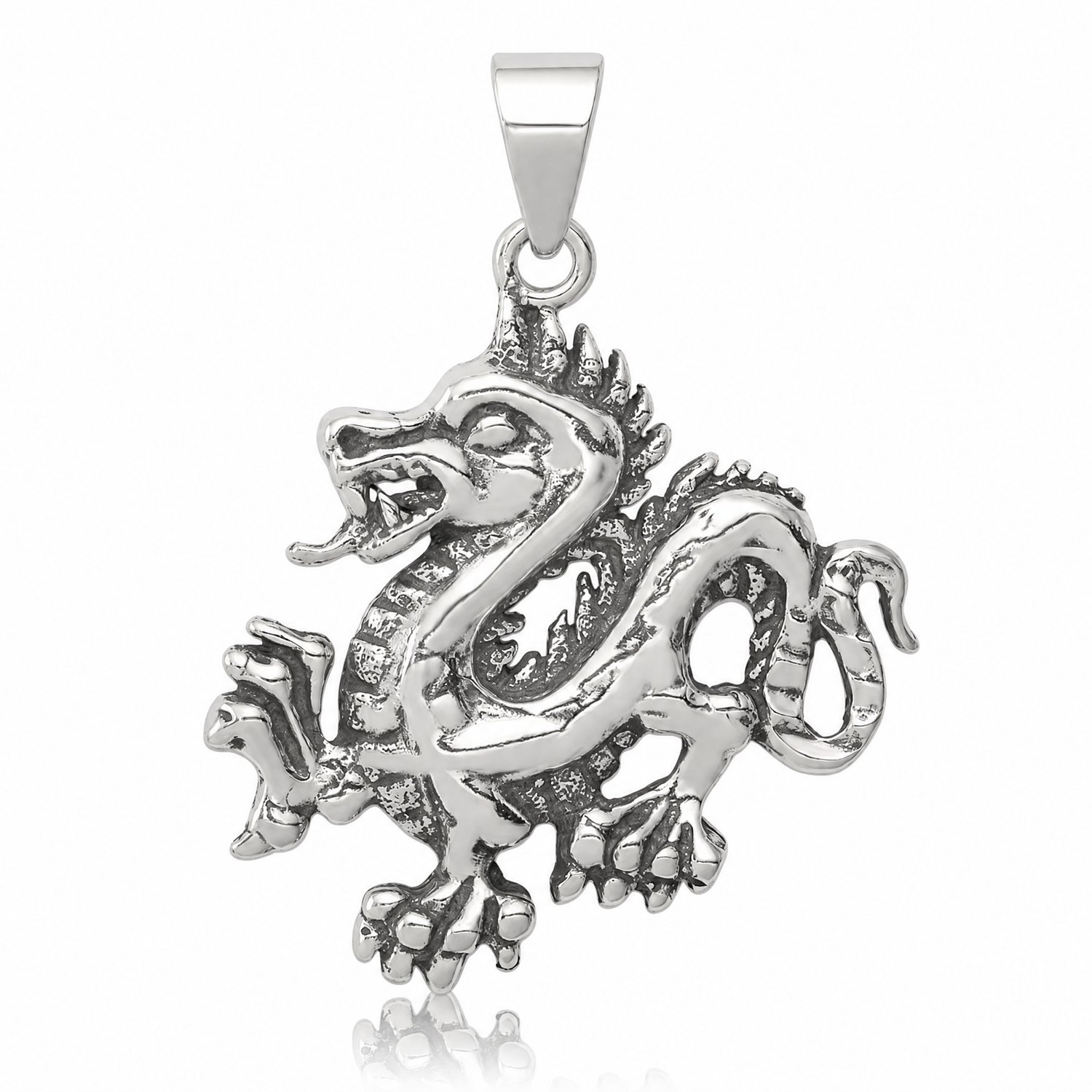 Sterling Silver Antiqued & Textured Chinese Dragon Pendant - Lifestyle View