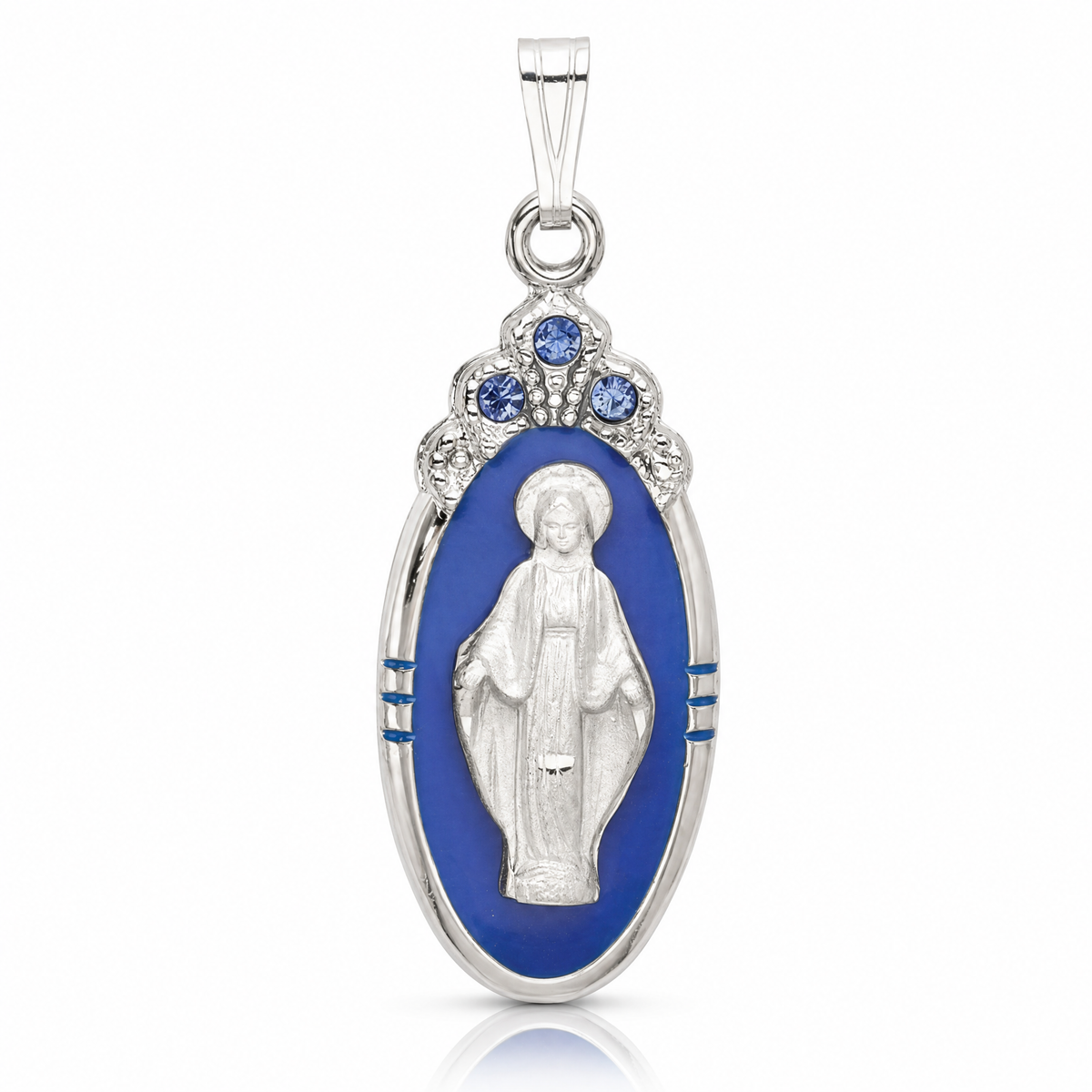 Sterling Silver Satin & D/C Epoxy & Crystal Miraculous Medal Pendant - Lifestyle View