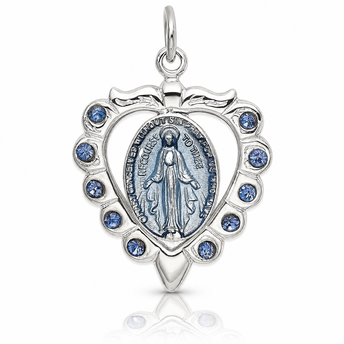 Sterling Silver Epoxy & Crystal Miraculous Medal Heart Pendant - Lifestyle View