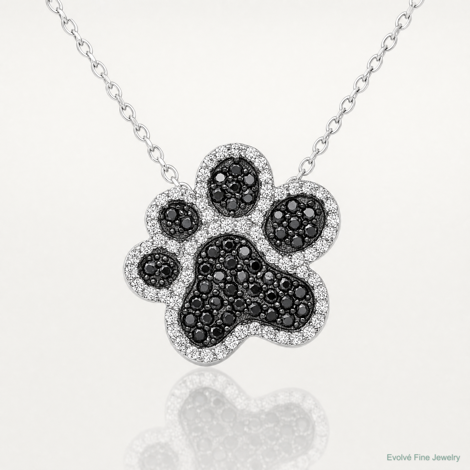 Sterling Silver Rhodium-plated Black/White CZ Paw Print Pendant - Lifestyle View