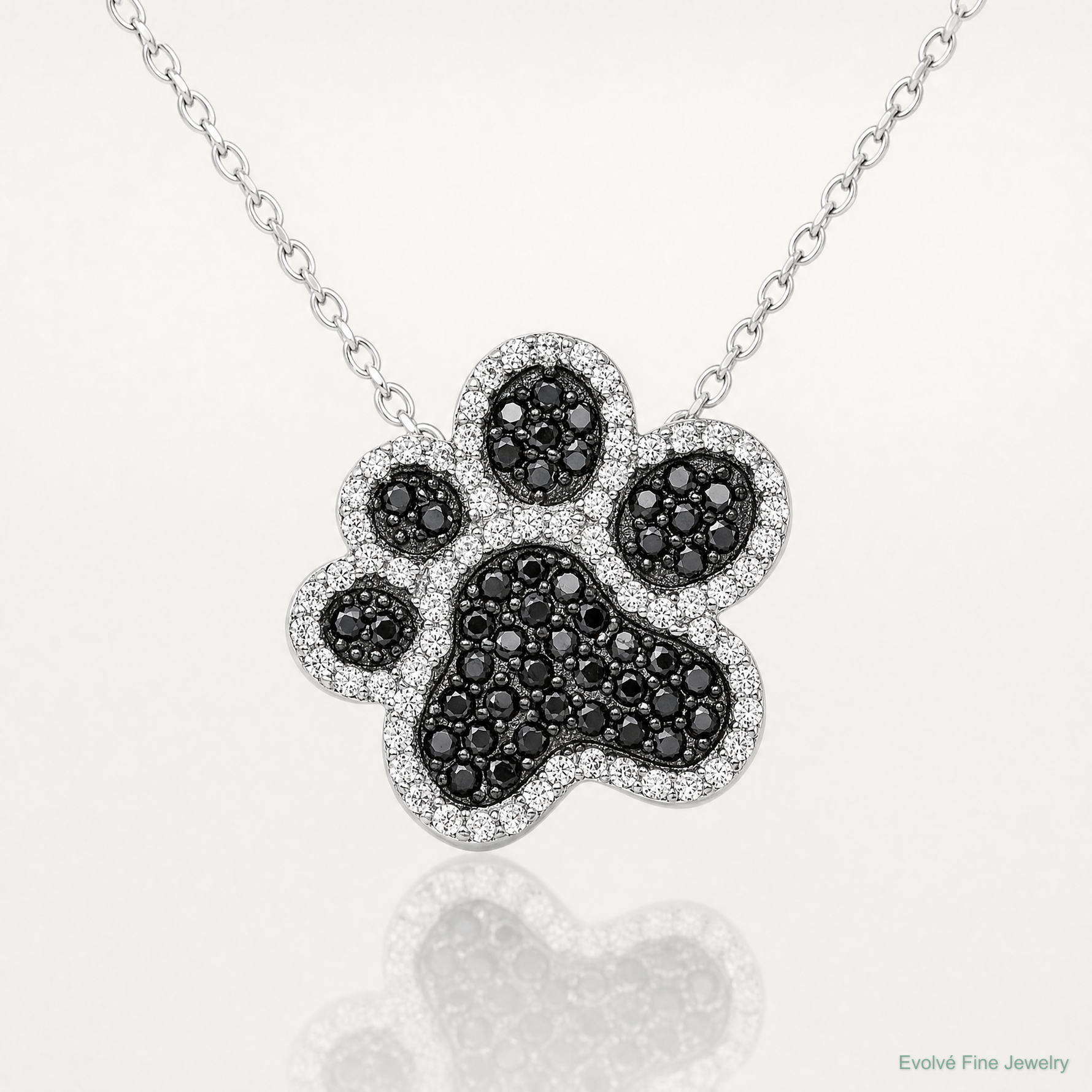 Sterling Silver Rhodium-plated Black/White CZ Paw Print Pendant - Lifestyle View