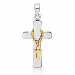 Sterling Silver Rhodium-plated Polished Gold-tone Double Cross Pendant - Lifestyle View