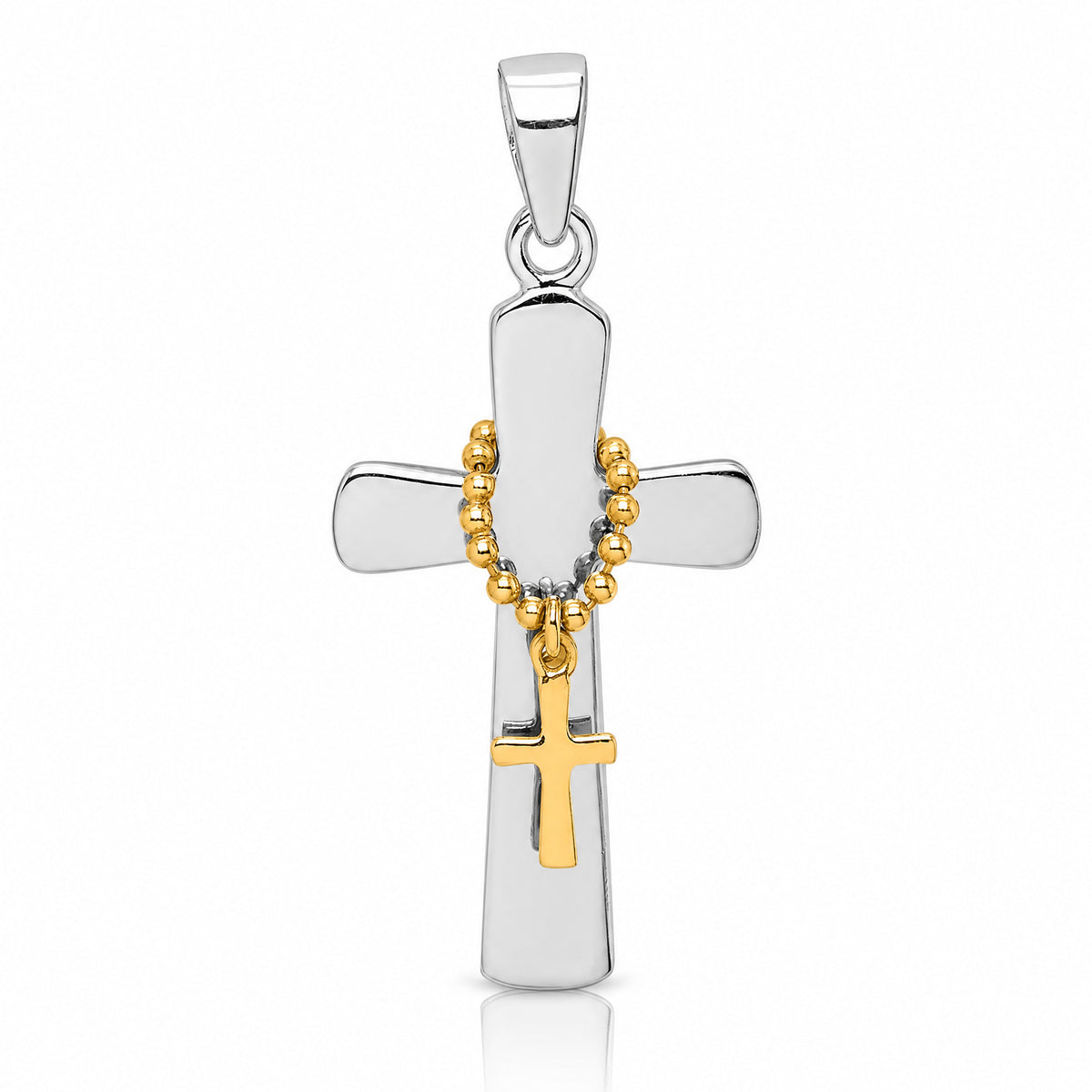 Sterling Silver Rhodium-plated Polished Gold-tone Double Cross Pendant - Lifestyle View
