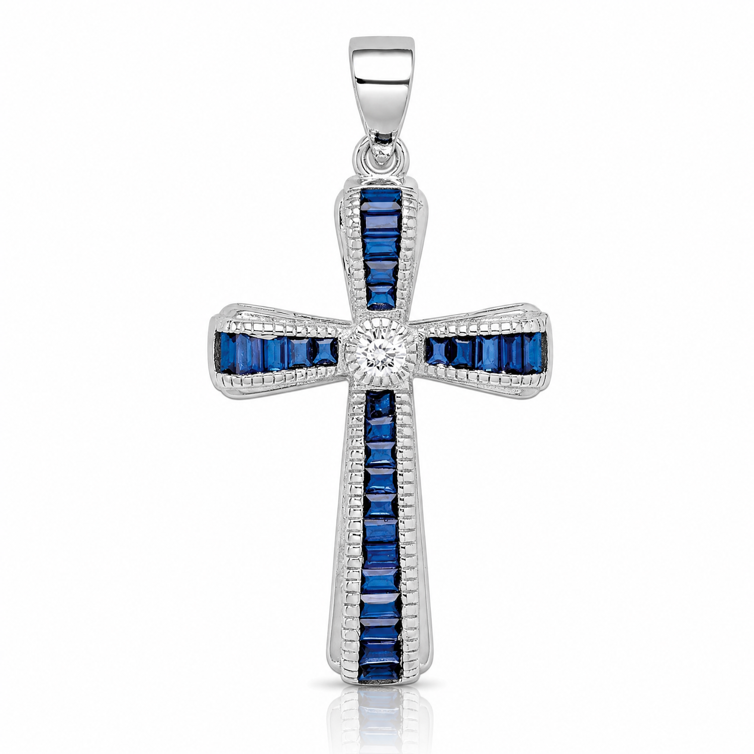 Sterling Silver Rhodium-plated CZ & Lab Cr. Blue Spinel Cross Pendant - Lifestyle View