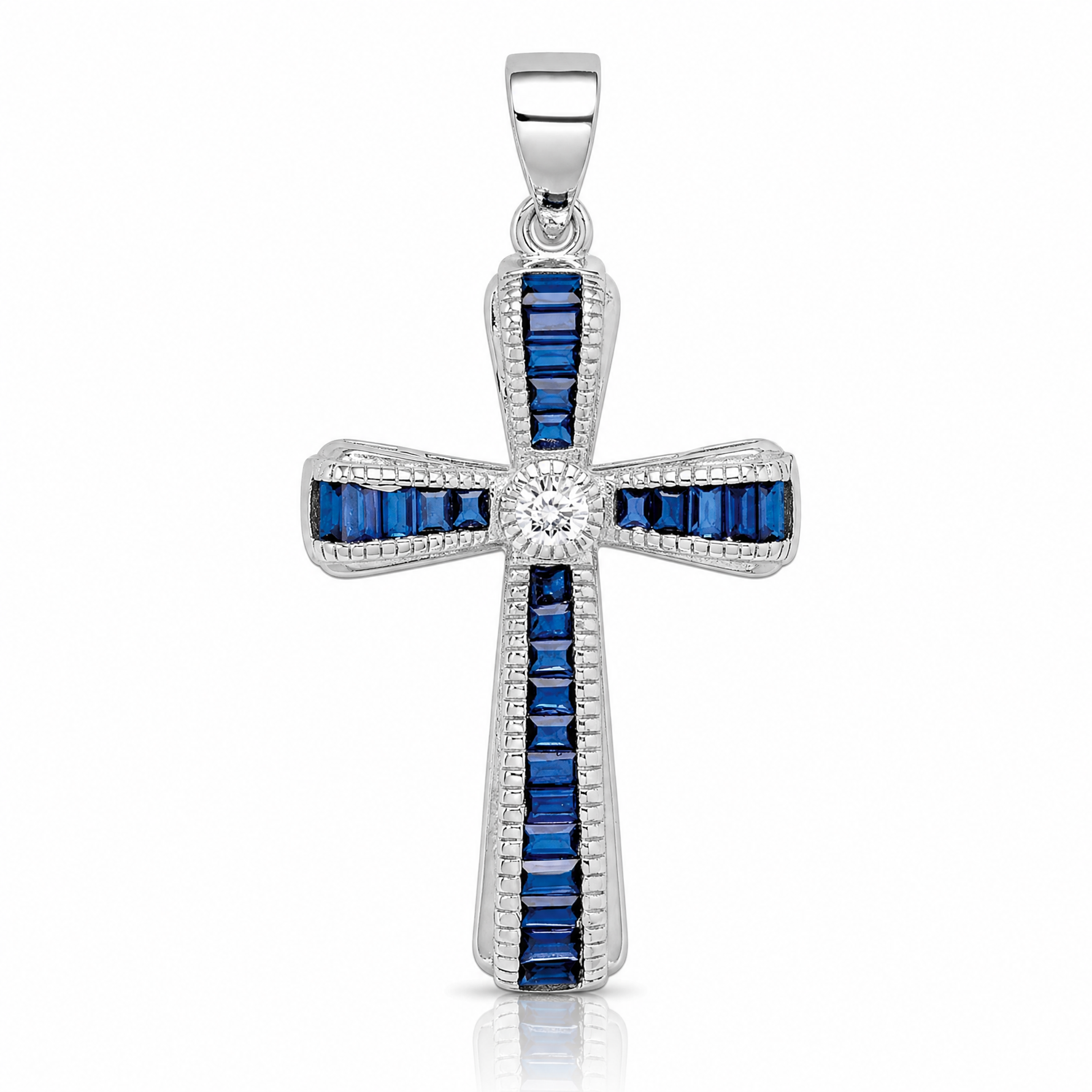 Sterling Silver Rhodium-plated CZ & Lab Cr. Blue Spinel Cross Pendant - Lifestyle View