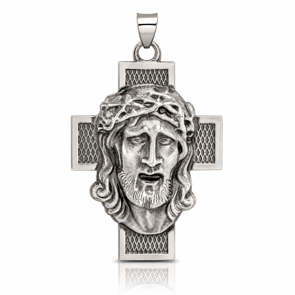 Sterling Silver Hollow Satin Antiqued Jesus Cross Medal - Lifestyle View
