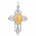 Sterling Silver Platinum-plated Gold-tone Miraculous Medal Cross Pendant - Lifestyle View