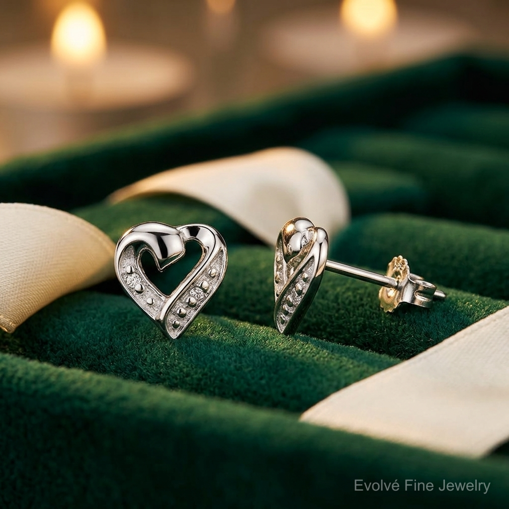 Sterling Silver Rhodium Diamond Heart Post Earrings - Lifestyle View