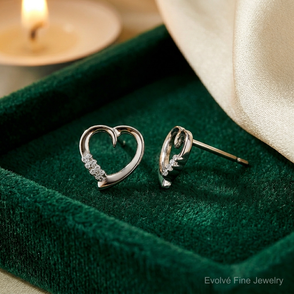 Sterling Silver Rhodium Diamond Heart Post Earrings - Lifestyle View