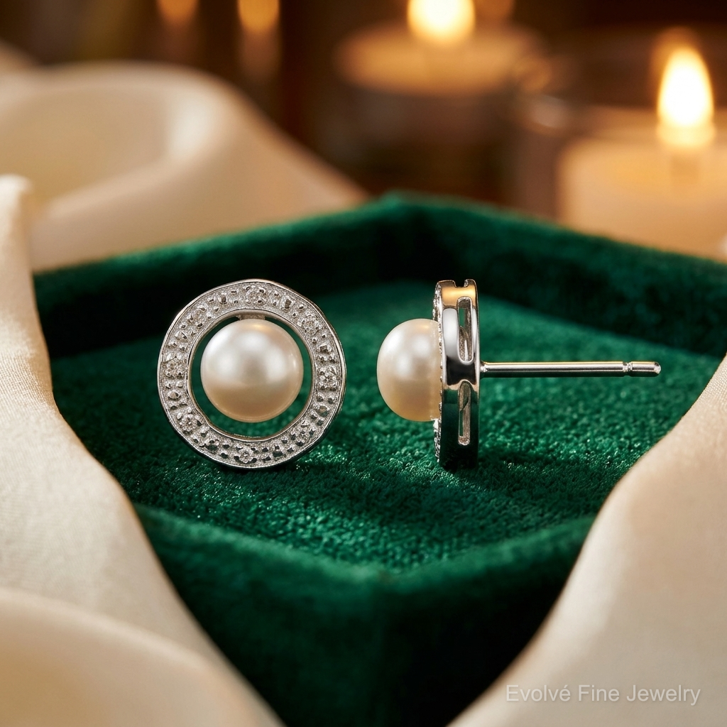 Sterling Silver Rhodium 6mm FW Cultured Pearl & Diamond Post Ear - Lifestyle View