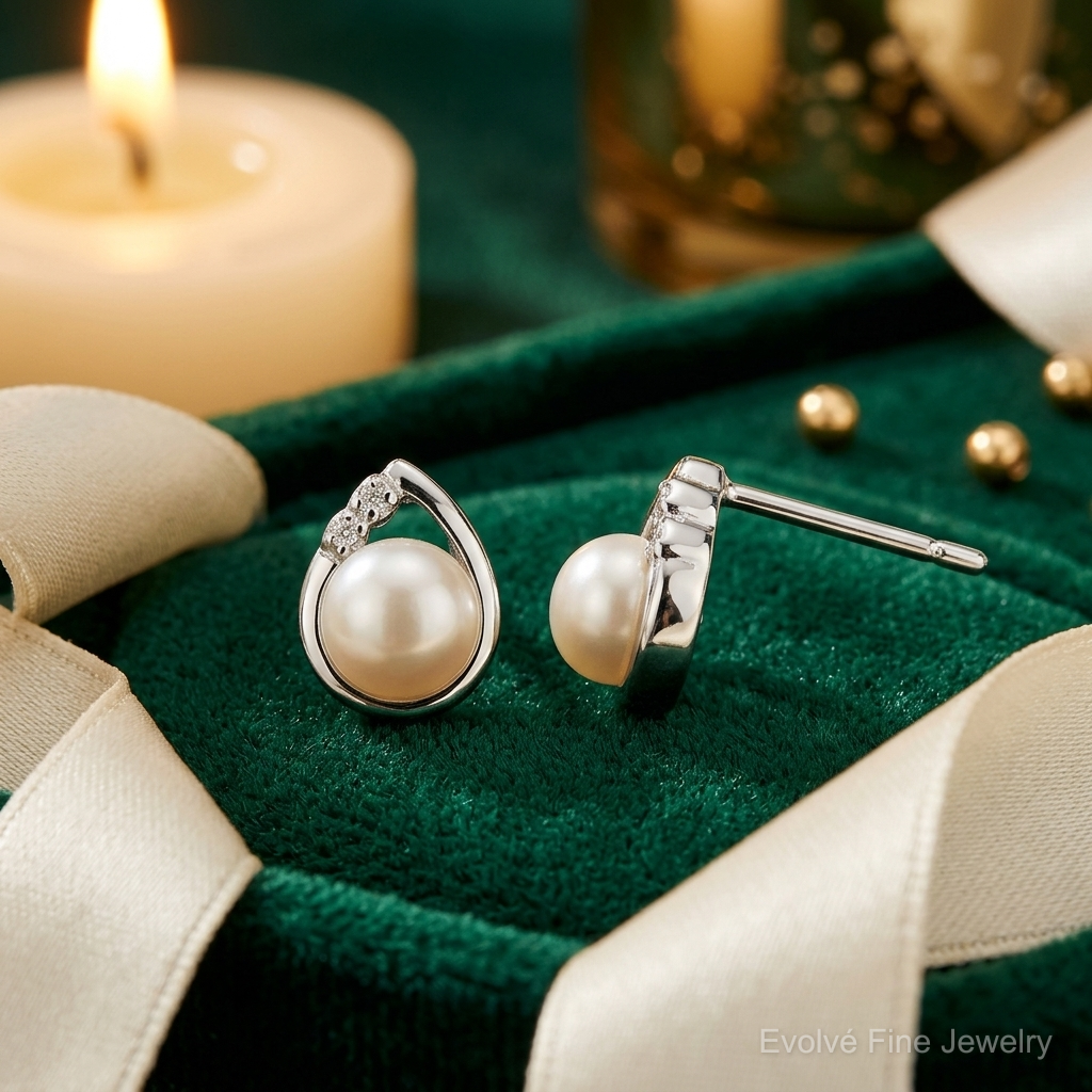 Sterling Silver Rhodium-plated 5mm FW Cultured Pearl & Diamond Post Ear - Lifestyle View