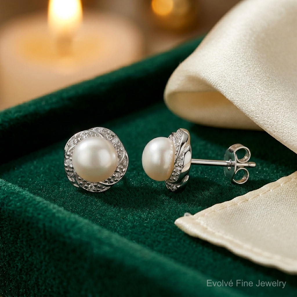 Sterling Silver Rhodium FW Cultured Pearl & Diamond Post Earrings - Lifestyle View