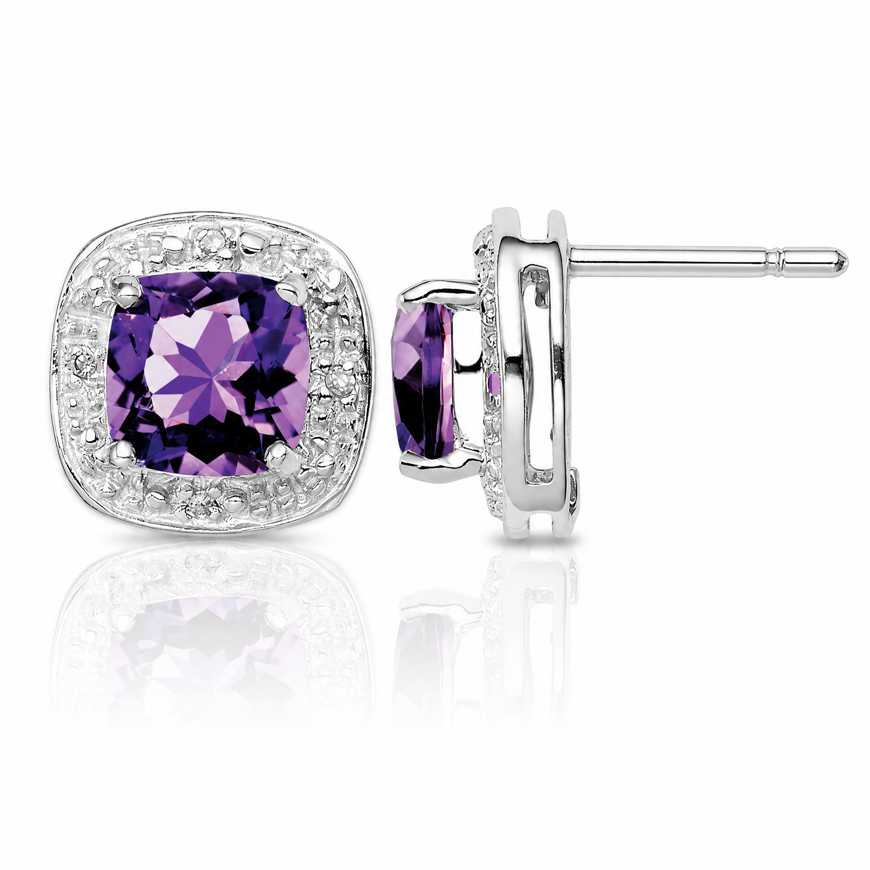 Sterling Silver Rhodium Plated Amethyst and Diamond Post Earrings - Lifestyle View