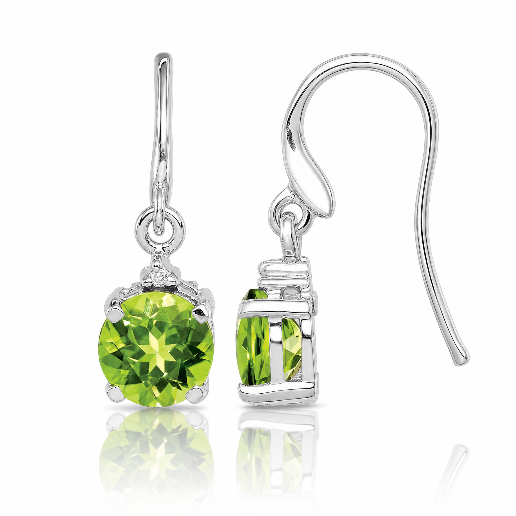 Sterling Silver Rhodium Plated Round Peridot and Diamond Wire Earrings - Lifestyle View