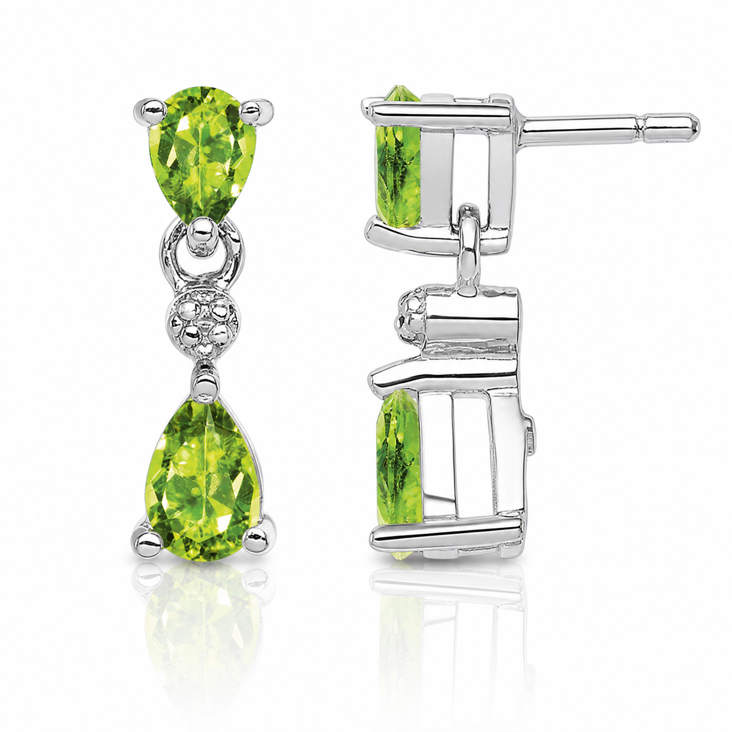 Sterling Silver Rhodium Plated Pear Peridot and Diamond Post Earrings - Lifestyle View