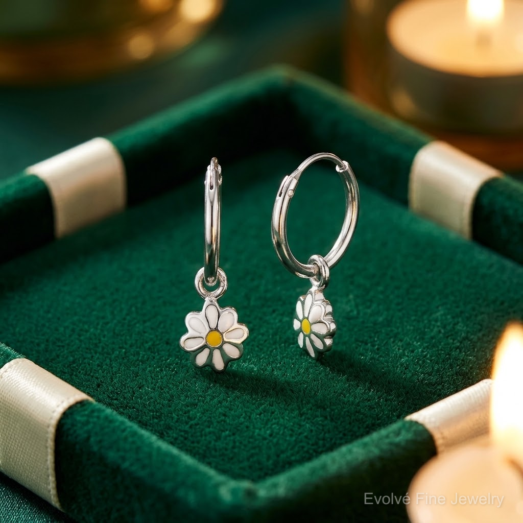Sterling Silver RH-plated Enamel Daisy Children's Round Hoop Earrings - Lifestyle View
