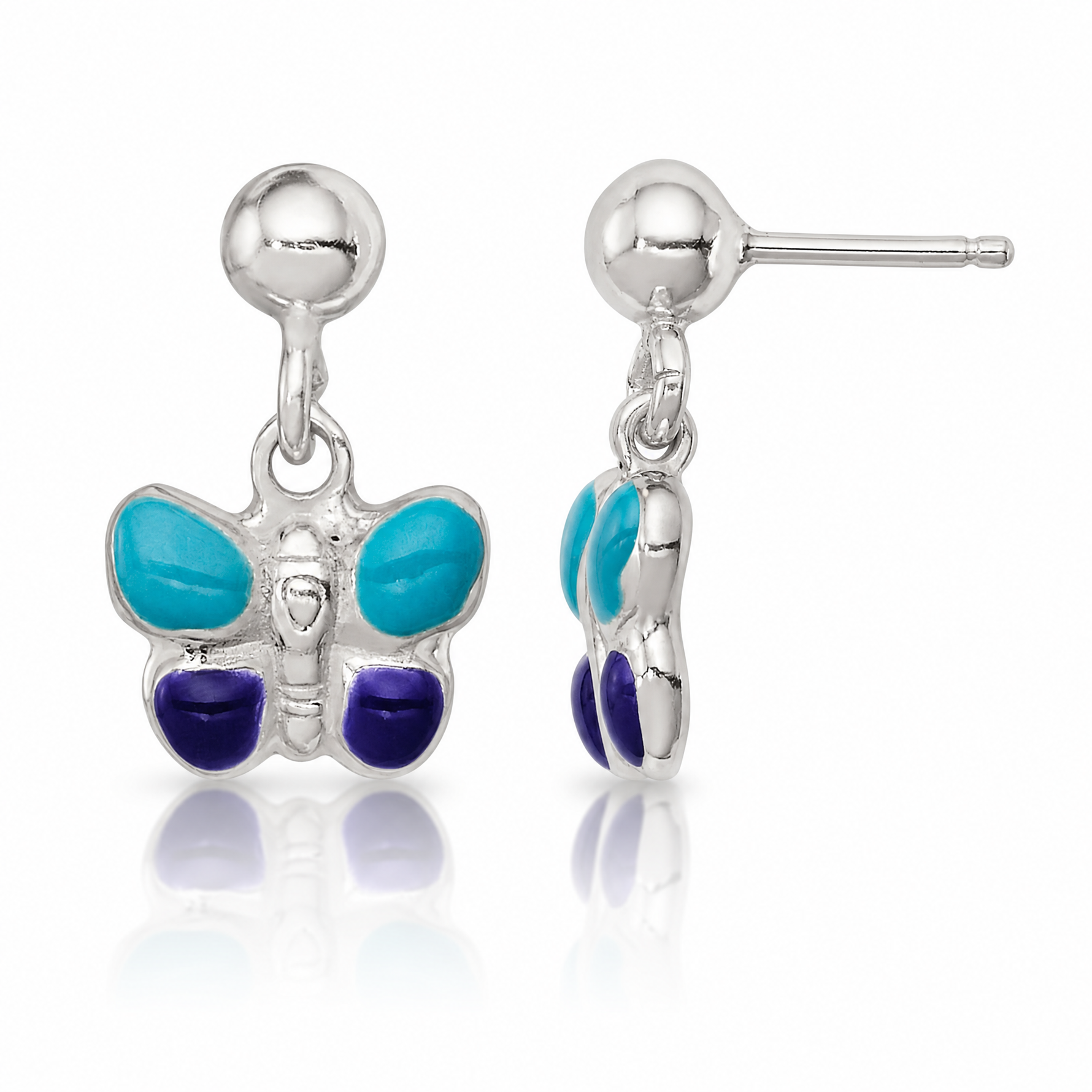 Sterling Silver Childrens Blue/Purple Enamel Butterfly Post Dangle Earrings - Lifestyle View