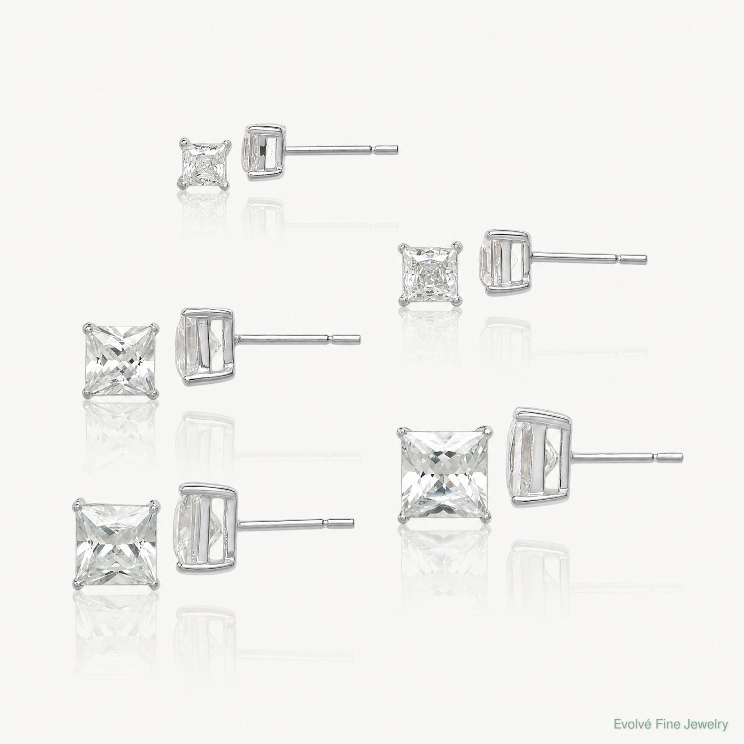 Sterling Silver Polished Square CZ 5-Pair Post Earrings Set - Lifestyle View
