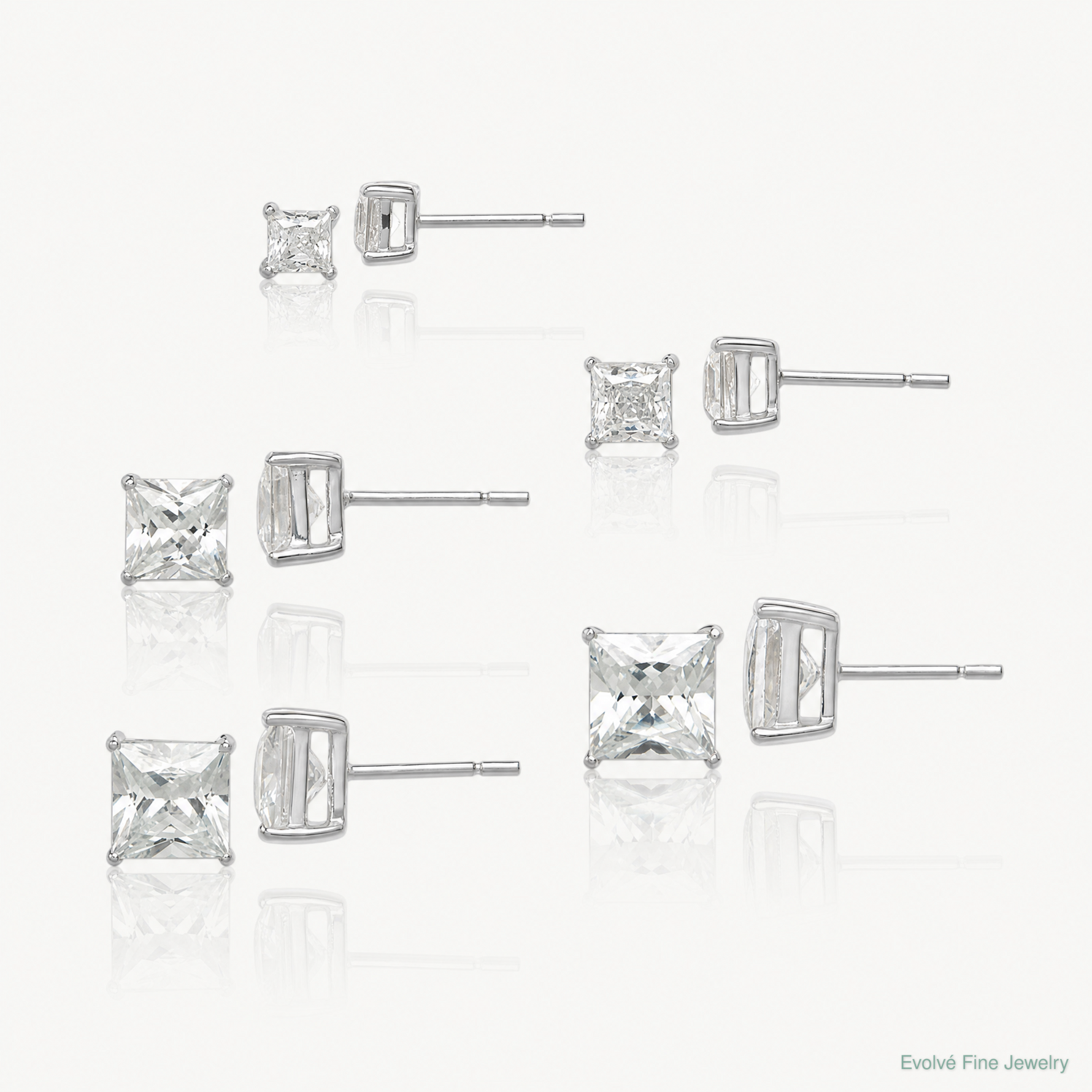 Sterling Silver Polished Square CZ 5-Pair Post Earrings Set - Lifestyle View