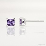 Sterling Silver Polished Square 4mm Purple CZ Stud Earrings - Lifestyle View