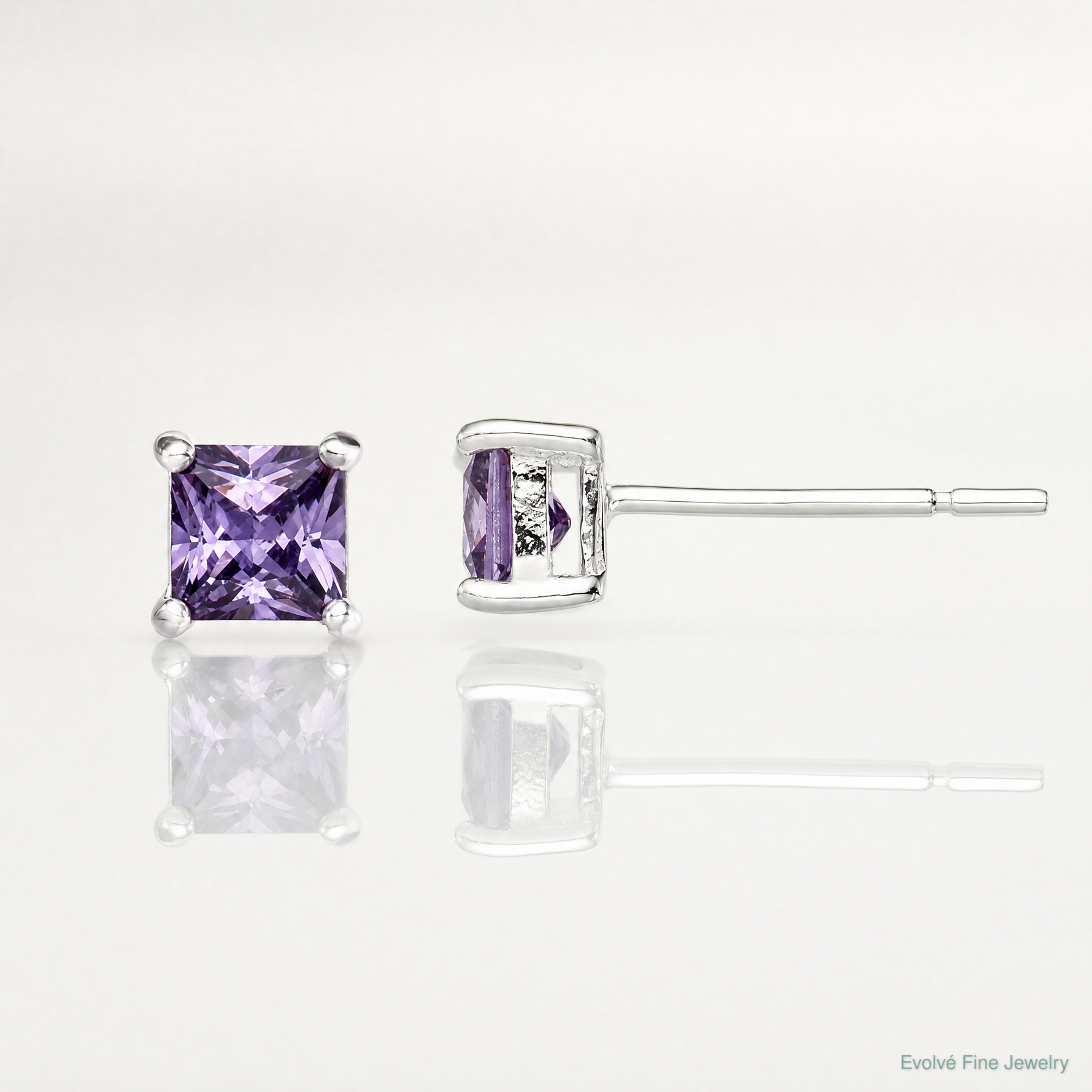 Sterling Silver Polished Square 4mm Purple CZ Stud Earrings - Lifestyle View