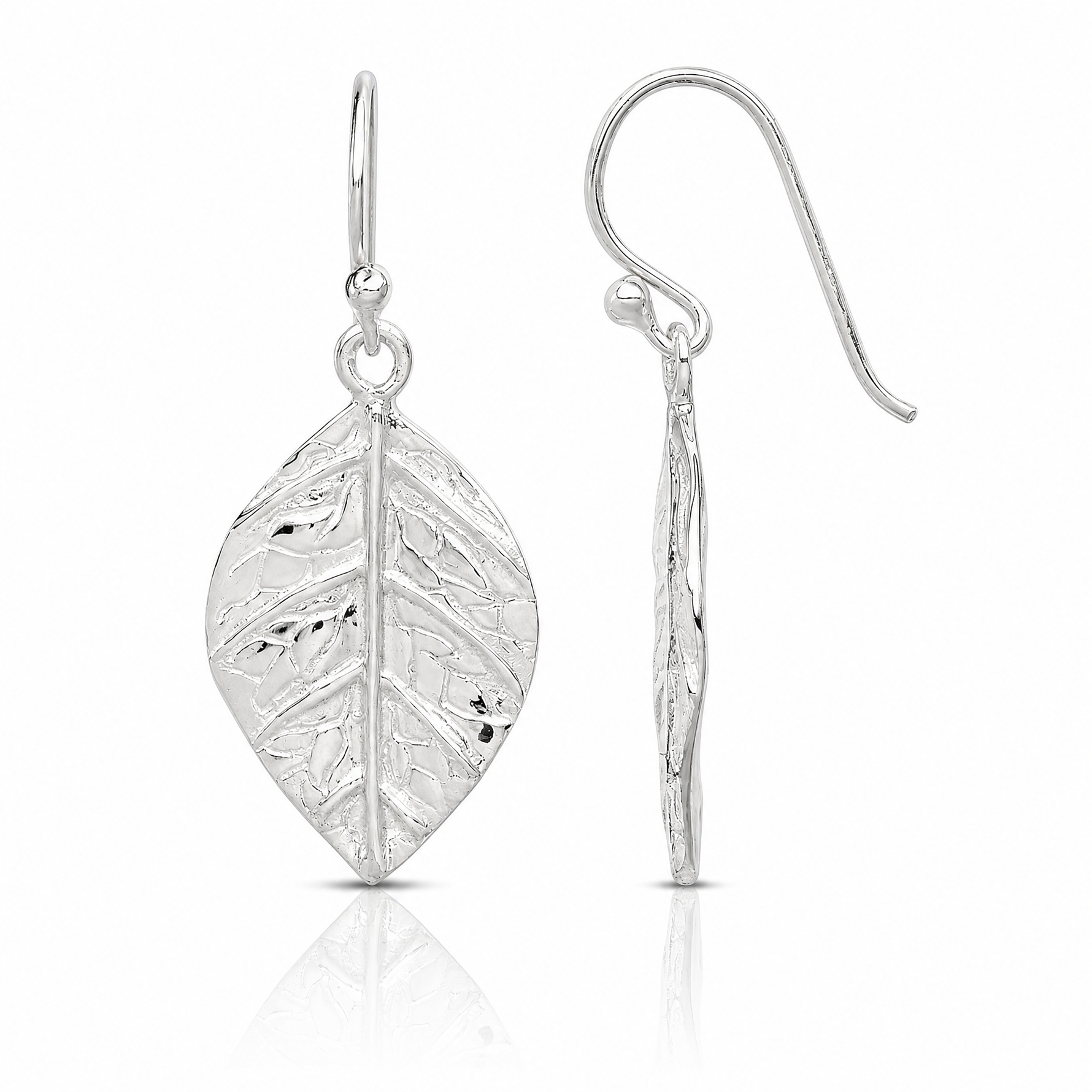 Sterling Silver Leaf Textured Dangle Earrings - Lifestyle View