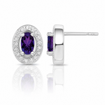 Sterling Silver Rhod-plated w/ Purple and White CZ Oval Stud Earrings - Lifestyle View