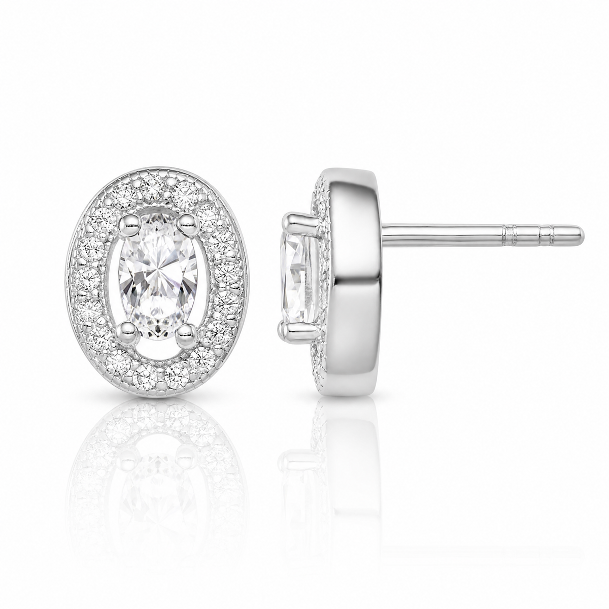 Sterling Silver Rhodium-plated w/ CZ Oval Stud Earrings - Lifestyle View