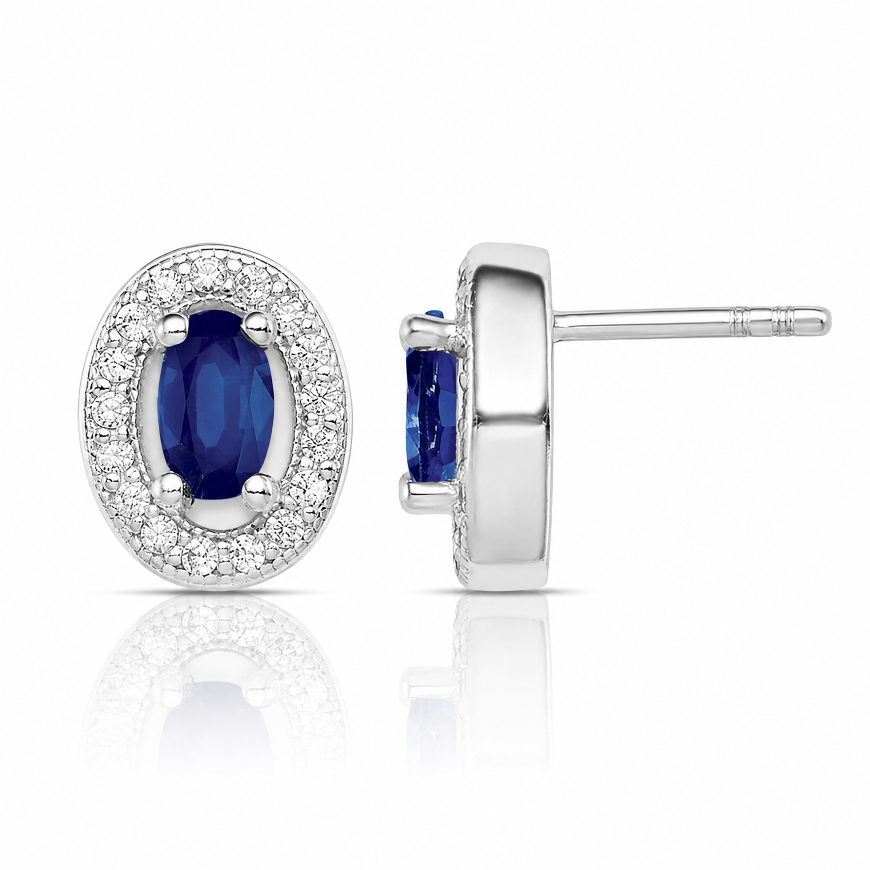 Sterling Silver Rhod-plated Blue and White CZ Oval Stud Earrings - Lifestyle View