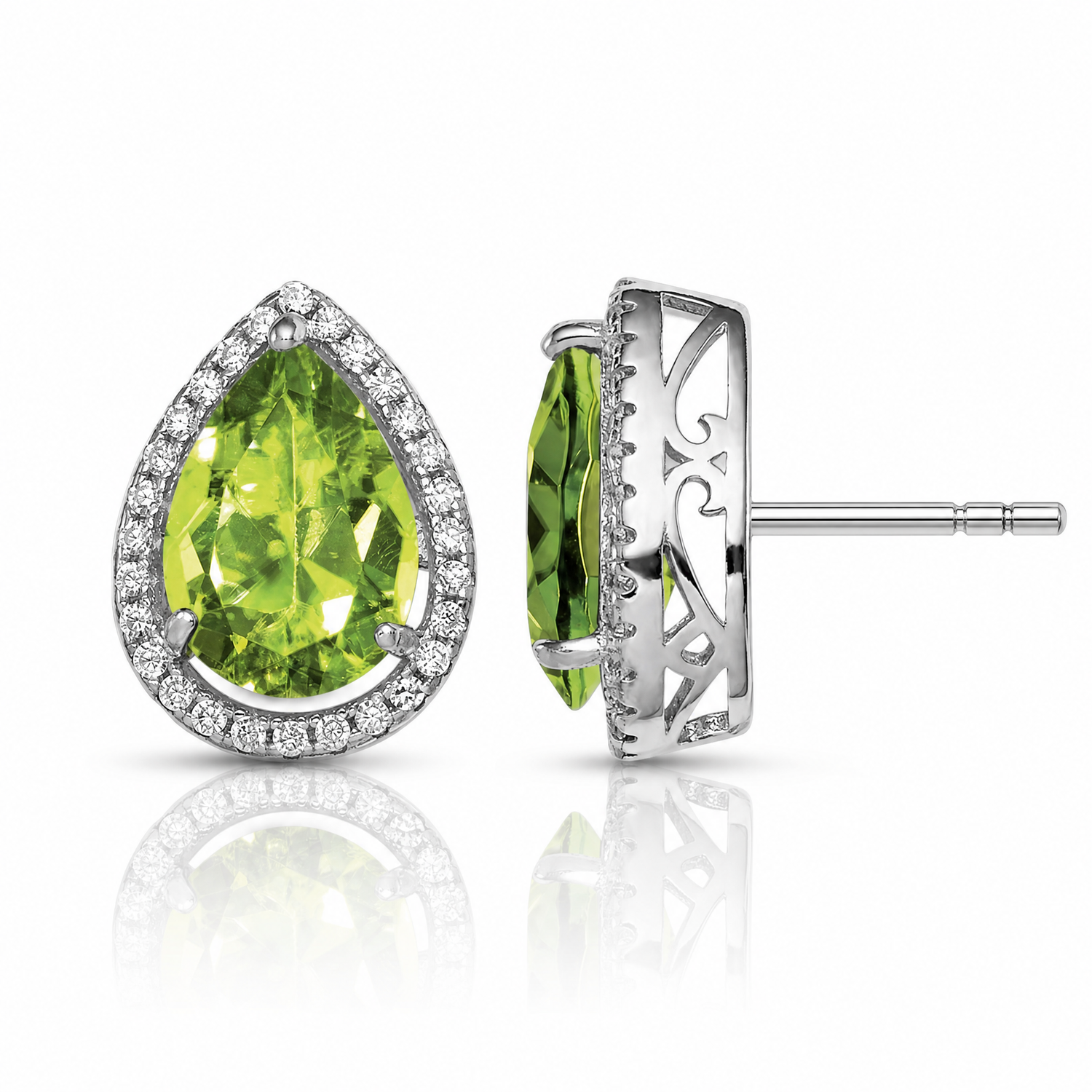 Sterling Silver Rhodium Polished Simulated Peridot & CZ Post Earrings - Lifestyle View