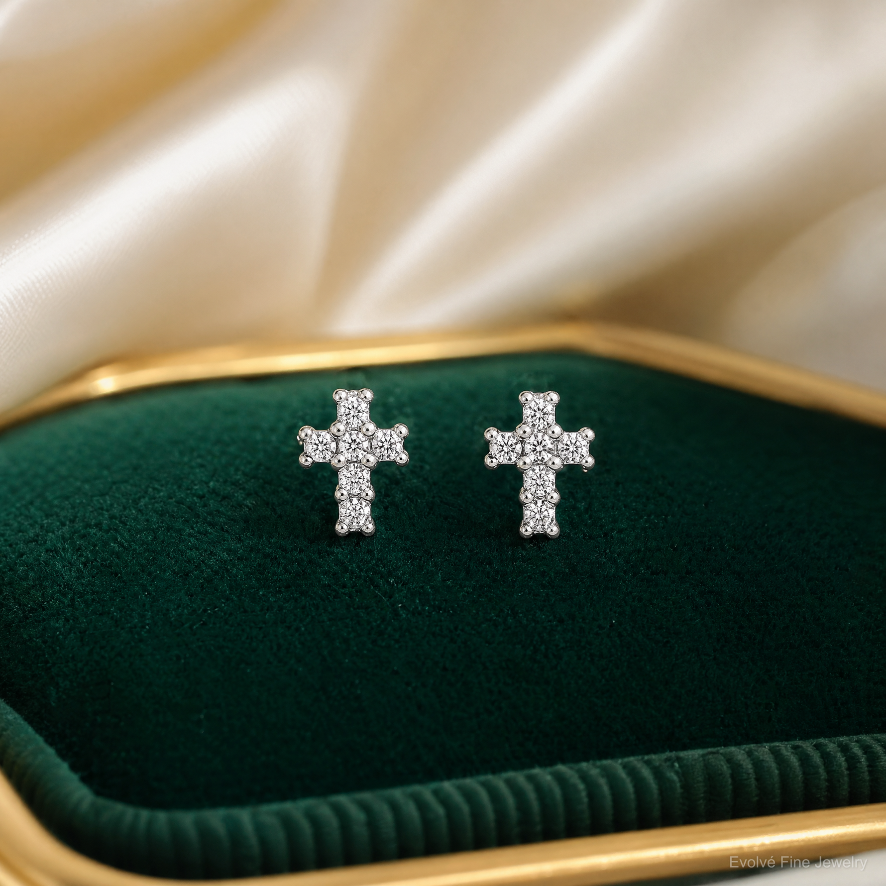 Sterling Silver Rhodium-plated Polished CZ Cross Post Earrings - Lifestyle View
