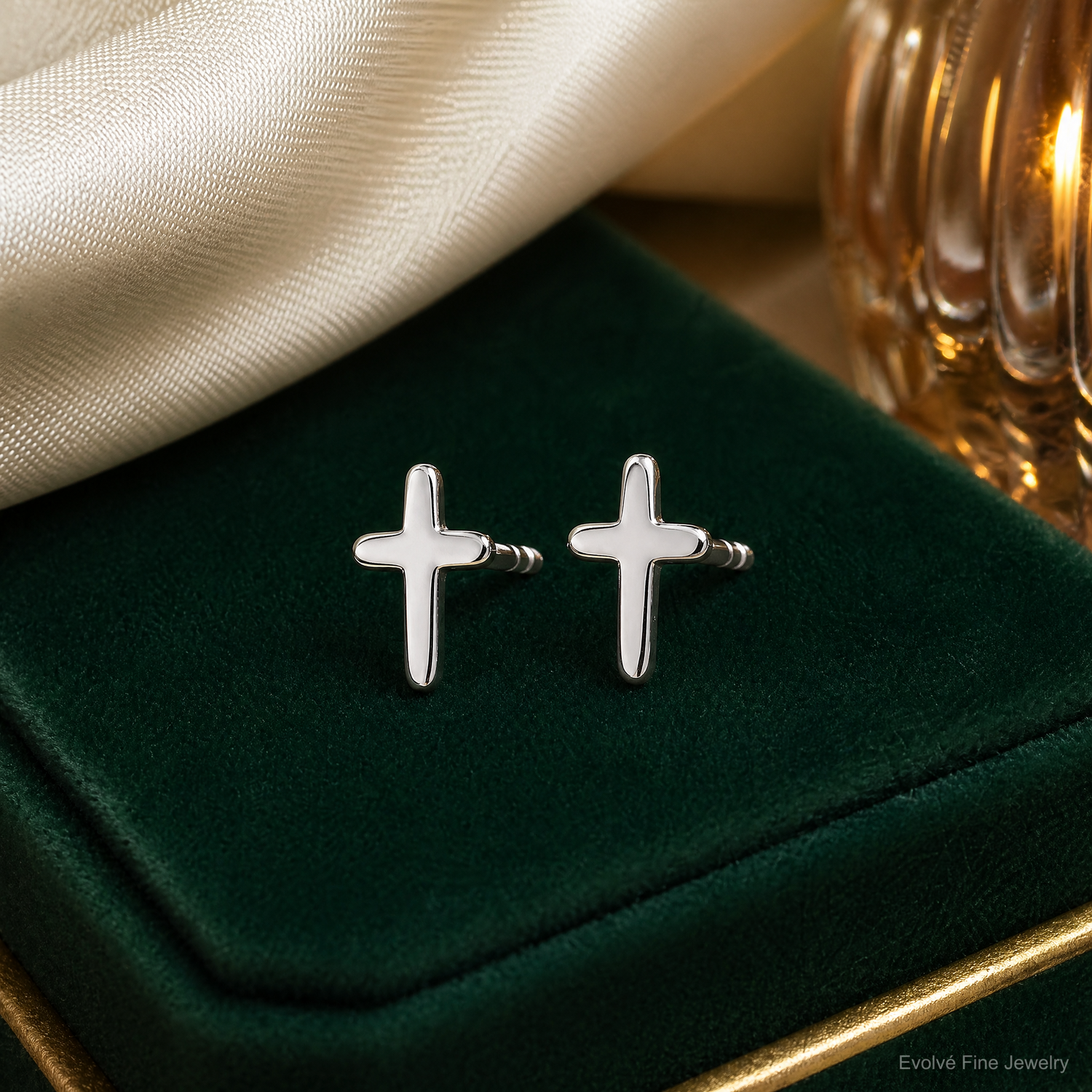 Sterling Silver Rhodium-plated Polished Latin Cross Post Earrings - Lifestyle View