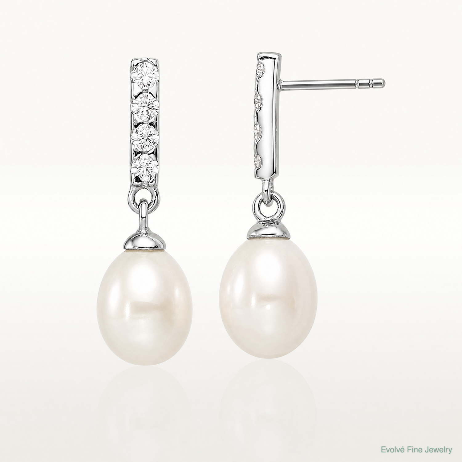 Sterling Silver Rhodium-plated 8-9mm White FWC Pearl CZ Post Earrings - Lifestyle View