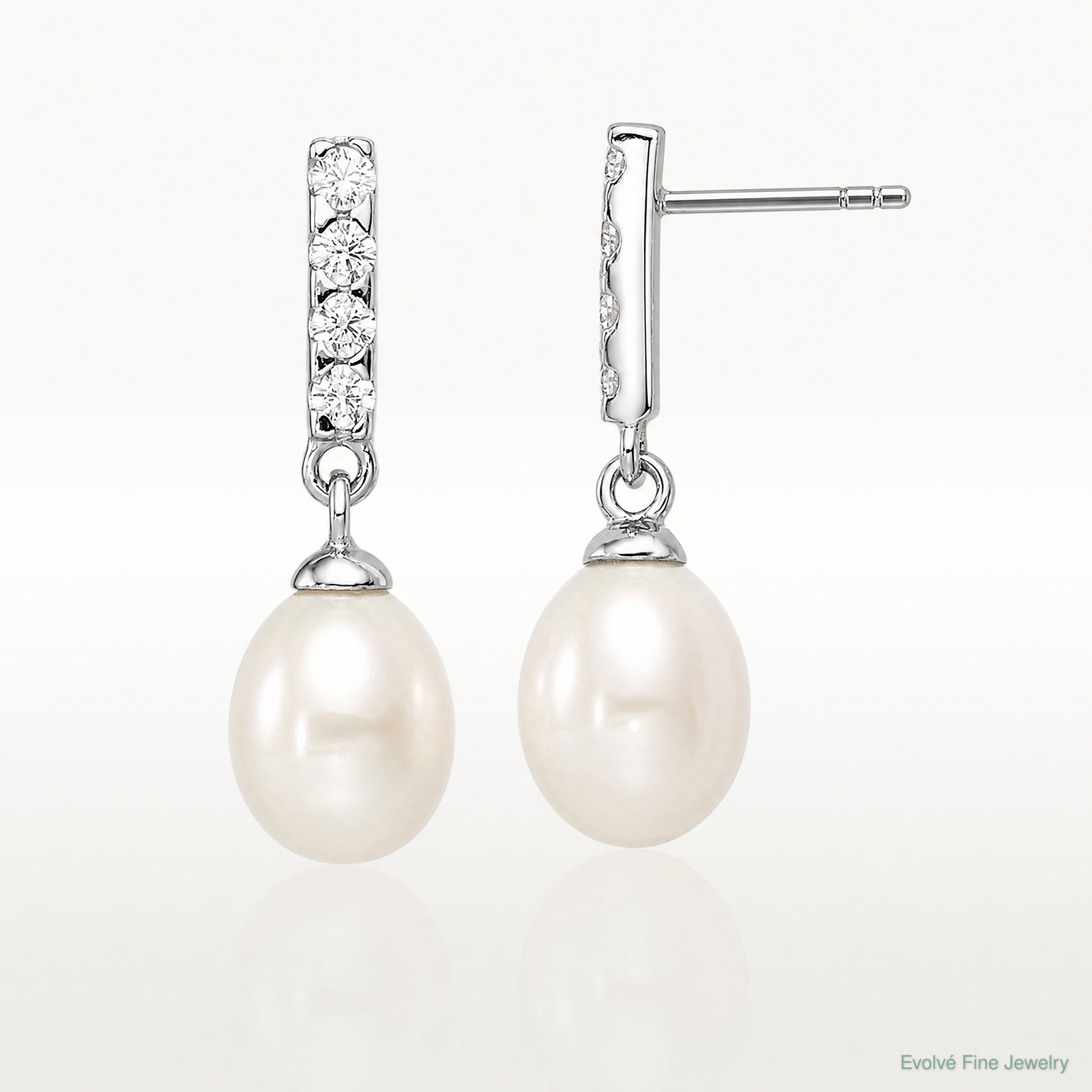 Sterling Silver Rhodium-plated 8-9mm White FWC Pearl CZ Post Earrings - Lifestyle View
