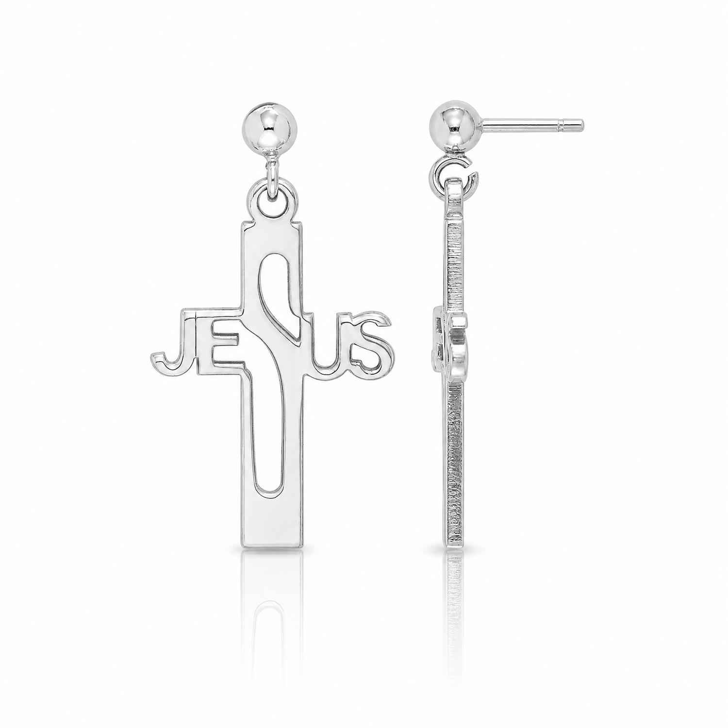 Sterling Silver Rhod-plated Polished JESUS Cross Post Dangle Earrings - Lifestyle View