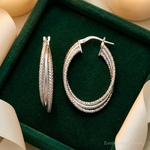 Sterling Silver Rhodium-plated Polished and Textured Triple Hoops - Lifestyle View