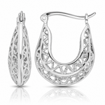 Sterling Silver Rhodium-plated Polished & Filigree Hoop Earrings - Lifestyle View