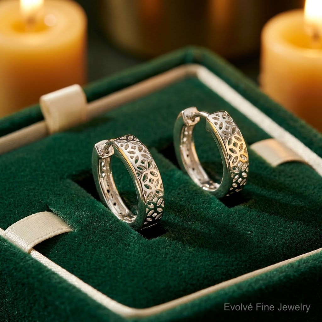 Sterling Silver Polished Cut-out Design Hinged Hoop Earrings - Lifestyle View
